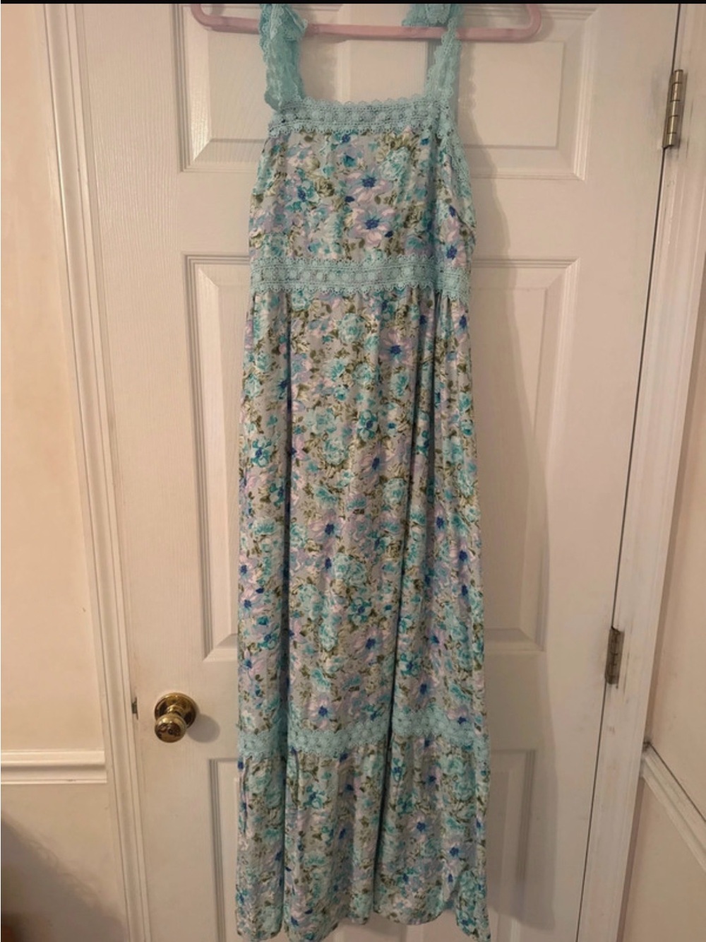 Light Blue Floral Maxi Skirt with Crochet Trim by